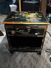 Elegant Chinese Chinoiserie Black Lacquer   Mother Of Pearl End Table W  Red Ins