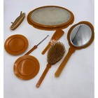 Celluloid Vanity Set Women Yellow Good Floral 8pc Mirror Tray Brush Vintage