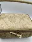 Vintage  Woven Tapestry  Sewing Basket Floral Wicker