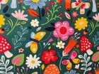 Mushrooms  Butterflies   Flowers On Green  Window Curtain Cotton 42   w X 15 l