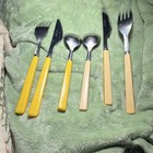 Antique Stainless Steel Flatware Set W  Solid Yellow Plastic Handles  Service 2