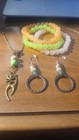 3 Piece Jewelry  Green yellow Bead Bracelet earrings brass Cat Charm Necklace