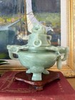 Chinese Archaic Carved Jade Tripod Incense Burner Dragon Censer With Wood Stand