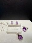 Purple Gemstone Jewelry Set 925 Sterling Silver Ring Necklace Stud Earrings