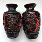 2 Vtg Chinese Carved Double Dragons Cinnabar Lacquer Black Red Vases W  Stands
