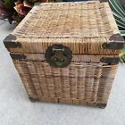 Vintage Wicker And Brass Rattan Chinoiserie Style Trunk Chest Footrest 16   hx16   w