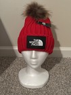 North Face Red Chunky Pom Knit Rib Beanie Cap Cuffed Women Girls Thick Warm