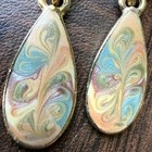 Vintage Gold Tone Pastel Marbled Enamel Teardrop Dangle Drop Earrings