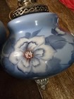 Matching Pair Mid Century Modern Blue Glass Swag Lamps Hand Painted Flowers