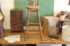 C 1900s Antique Primitive Industrial Bar Stool Chair Factory Wood Wire Rustic