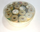 15 Vintage Wooden Sewing Thread Spools In Old Round Box J p Coats Corticelli