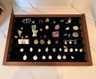 Vintage Wood Display Case  50 Jewelry charms harleydavidson  Cherubs owls hearts