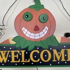 Vintage Halloween Welcome Wood Door Sign Pumpkin Cat Ghost Witch Retro 90s