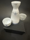 Japanese Porcelain Sake Set Carafe Bottle W  2 Cups White   Blue In Box