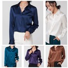 Pure Mulberry Silk Long Sleeve Button Down V Neck Workwear Blouse Top Shirts
