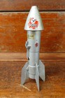 Vtg Berzac Rocket Mechanical Coin Bank Astro Mfg - First National Bank Miller Sd