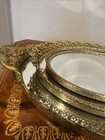 Set 3 Vintage Brass Gold Tone Filigree Oval Mirrored Vanity Perfume Tray