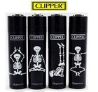 4 X Clipper Lighters Skeletons  4 Design Full Size Refilable Full Set   Flints