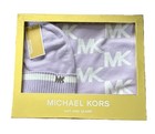 Nwb Michael Kors Women s Border Diagonal Mk Cuff Hat   Scarf Set Purple White