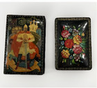Set Of 2 Vintage Russian Hand-painted Lacquered Wooden Trinket Jewelry Boxes