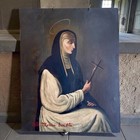 Antique 19th C  Mexican Ex Voto Retablo Copper Santa Monica Bendita 12x10