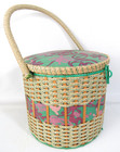 Vintage Singer Exclusive Woven Wicker Sewing Basket Box W Handle Green Floral