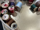 Vtg Assorted Sewing Some Wooden Spools In Oval Large Tin Seasons Of Blossoms