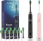 Sonic Electric Toothbrush 2 Pack Black Pink 12 Brush Heads 5 Modes Wireless