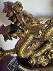 Chinese Feng Shui Gold Dragon Statue Large On Flat Wood Base  