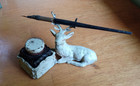 1890s Antique Metal Elk Inkwell With Hand Blown Glass Ink Bottle