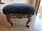 Antique Cast Iron Padded Blue Foot Stool Vintage