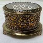 Vtg Gold Filigree Jewelry Box Beveled Glass Hinged Lid Velvet Lining Round