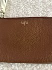 Fossil Tara Wristlet Brown Pebbled Leather Gold Zipper White Tassel 4x6   