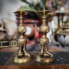 Vintage Brass Candle Holders Pair Chinese Foo Dog Character Asian Decor 8  Set