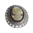 Vintage Sterling Silver Shell Cameo Brooch Pendant Filigree Lady Profile