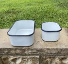 Vintage Enamelware White Blue Trim Covered Refrigerator Dishes Lot Of 2