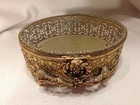 Ormolu Filigree Oval Footed Brass   Beveled Glass Jewelry Box Casket Box 6  Vtg 
