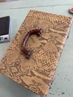 Vintage Faux Snakeskin Train Cosmetic Case Brown Bakelite Handle Mirror Inside