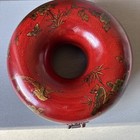 Vintage Chinese Donut Necklace Jewelry Box Red Lacquered W Flowers   Birds
