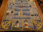 Vtg Wool Hand Hooked Hooked Needlepoint  Rug 87x24 Lighthouses Nautical Theme