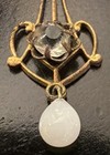 Antique Art Nouveau Clear White Glass Drop  Pendant Dangle Gold Tone Lavalier