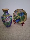 Chinese Cloisonn    Vase Pair W  Plate   Wood Stand    Blue Enamel Set