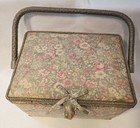 Vintage Sewing Notions Box Basket Wood   Floral Fabric W  Handle 10  X 7  X 7  