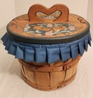 Vtg wooden Heart Lidded Sewing picnic Basket 1970 With Liner