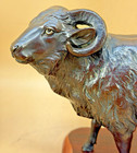 Japanese Meiji Solid Bronze Okimono Of A Ram W  Gold Eyes  Signed