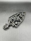 Antique-small Cast Iron Sad Iron Cathedral Trivet Floral Scrolls Footed Black