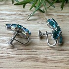 Vtg Art Deco Earrings Floral Design Blue Rhinestone Silver Tone Screw Back 0 75 