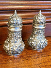 Antique Pair Stieff Repousse Sterling Silver Salt   Pepper Shakers  10 Excellent
