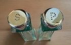 Vintage Green Glass Salt   Pepper Shakers Set Tall Square Chrome Lids Mcm 6   