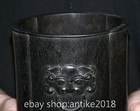 7 6  Old Chinese Ebony Wood Carved Dynasty Beast Head Brush Pot Pencil Vase
